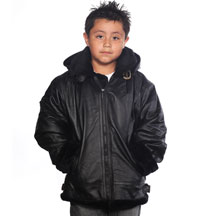 K109 Boys Leather Coat with Black Fur and Hood