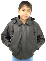 K15 Kids Leather Bomber Waist Jacket with Removable Hood
