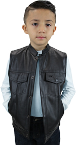 KV320 Kids Leather Motorcycle Club Leather Vest with Short Collar
