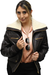 Ladies Aviator Leather Aviation Bomber Jacket with Real Sheep Shearling Fur Collar Made in the USA Open View