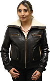 Ladies Aviator Leather Aviation Bomber Jacket with Real Sheep Shearling Fur Collar Made in the USA Front View