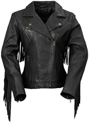 LC1503 Ladies Western Style Black Cowhide Jacket with Fringe Trim