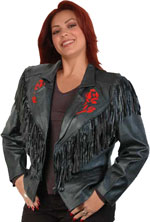 Janice Leather Rose Jacket with Fringe and Buttons