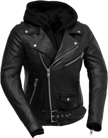 LB185 Women Classic Motorcycle Lambskin Jacket with Full Belt and Removable Hoodie Large View