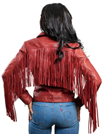 LC1503 Ladies Western Style Blood Red Cowhide Jacket with Fringe Trim Side View