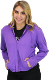 LC6555 Women's Motorcycle Leather Jacket with Removable Purple Hoodie, Purple Accesnts  Hood Front View