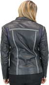 LC6802 Women's Motorcycle Leather Jacket with Purple and Grey Accents Back View