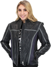 LC6802 Women's Motorcycle Leather Jacket with Purple and Grey Accents Open View