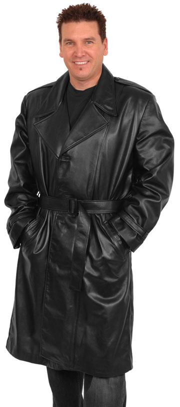 T3 Men's Lambskin Leather Long Trench Coat with Button and Belt