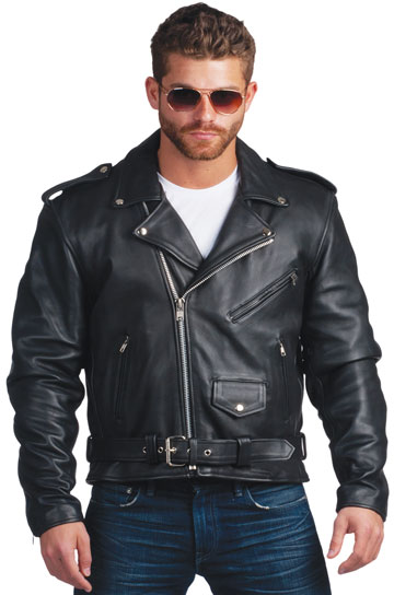 C10 Men’s Cowhide Basic Biker Jacket with Half Belt and Zipout Liner
