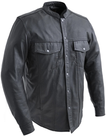 C404 Mens Leather Shirt with Mandarin Collar and Hidden Zipper