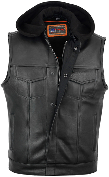 V182 Men’s Leather Motorcycle Club Vest with Removable Knit Hood Larger View