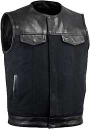 V4951CV-No Collar Mens Heavy Canvas and Premium Leather Trim Motorcycle Club Zipper Colarless Vest