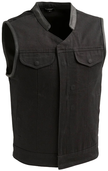 V4951CV-No Collar Mens Heavy Canvas and Premium Leather Trim Motorcycle Club Zipper Colarless Vest Larger View